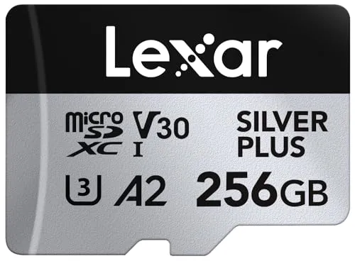 Lexar Silver Plus 256GB Micro SD Karte bis zu 205MB/s, MicroSDXC UHS-I Flash Speicherkarte mit Adapter, C10, U3, A2, V30, Full HD, 4K UHD, High Speed TF Karte für Drohne, Action-Kamera, Handkonsolen