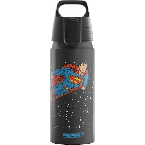 Sigg - Alu Trinkflasche Kinder - WMB ONE Superman - Kohlensäuregeeignet - Auslaufsicher - Federleicht - BPA-frei - Klimaneutral Zertifiziert - Sport & Schule - Schwarz - 0,6L