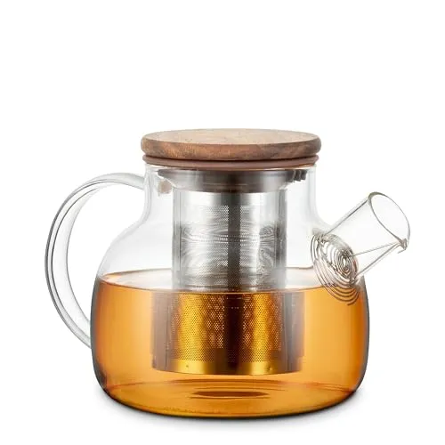 Teekanne aus Glas mit Holzdeckel & Edelstahlfilter – 0,75L für 4–6 Tassen - Elegante Glasteekanne (0,75L) aus hitzebeständigem Borosilikatglas, perfekt für Tee und Infused Water. Mit hochwertigem Holzdeckel und abnehmbarem Edelstahlfilter für optimale Aromaentfaltung.