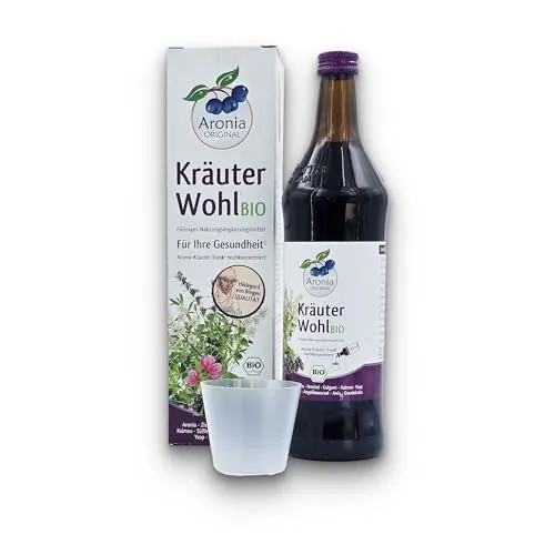 Aronia ORIGINAL Bio Kräuter Wohl 700 ml - Hochkonzentrierter Aroniasaft - Aronia ORIGINAL KräuterWohl vereint Aroniasaft mit einem Extrakt aus neun ausgewählten Kräutern. Genießen Sie diesen wohlschmeckenden Trunk ohne Zusatzstoffe und Konservierungsmittel, ideal für Ihre tägliche Routine.