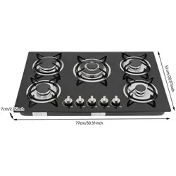 Zonen Glas Einbau Gaskochfeld 5-Flammig mit Flameout-Schutz - Elegantes 5-flammiges Gaskochfeld aus gehärtetem Glas, das mühelose Reinigung und effizientes Kochen ermöglicht. Ideal für präzises und schnelles Garen in der heimischen Küche oder im Restaurant.