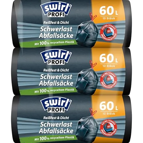 Swirl Schwerlast-Müllsäcke 60 l (3 x 12 Beutel) mit Zugband - Robuste Müllsäcke aus reißfester 3-Schichtfolie, ideal für schwere Abfälle bis 30 kg. Praktisches Zugband sorgt für sicheren Transport. Perfekt für große Aufräumarbeiten im Haus und Garten.