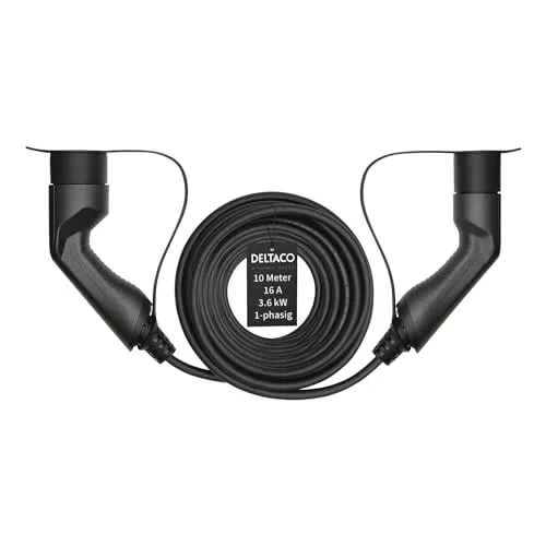 DELTACO Typ 2 EV-Ladekabel 10m für E-Autos - Fahrzeugbatterie-Ladegeräte, 1-phasig mit 16A und 3,6kW Ladeleistung, wetterfest und IP66 zertifiziert für sicheres Laden bei jedem Wetter.