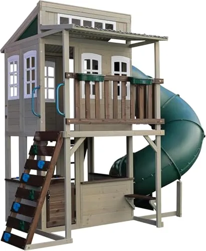 KidKraft Cozy Escape Spielturm mit Rutsche – Zweistöckiges Klettergerüst für Gartenabenteuer - Erleben Sie grenzenlosen Spielspaß mit dem KidKraft Cozy Escape Spielturm! Dieses hochwertige Klettergerüst bietet eine Spielküche, eine Kletterwand und eine aufregende Tunnelrutsche. Ideal für Kinder von 3 bis 10 Jahren.
