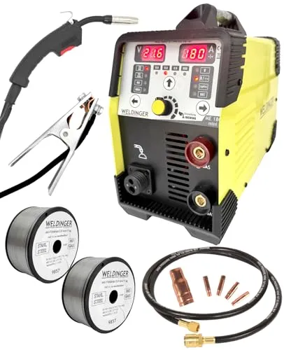 WELDINGER ME 180 mini MIG/MAG-Schweißgerät mit Fülldrahtset - Kompaktes MIG/MAG-Schweißgerät mit abnehmbarem Schlauchpaket, ideal für manuelles und synergisches Schweißen von Baustahl. Inklusive Fülldraht und Gasschweißoption für vielseitige Anwendungen.