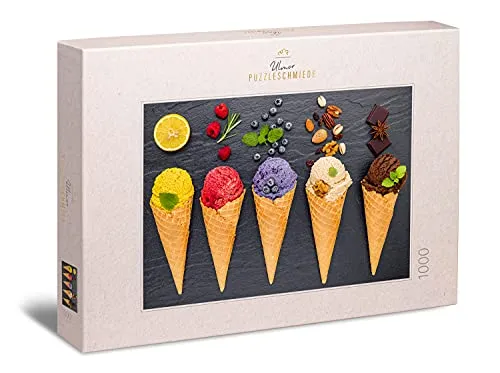 Ulmer Puzzleschmiede - Puzzle „Eiskalte Farben“ - Trendiges 1000 Teile Puzzle mit bunten EIS-Tüten – modern inszenierte Fotografie aus dem Bereich Essen und Küche als farbenfrohes Puzzle