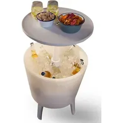 Keter Illuminated Cool Bar 6050 - 3-in-1 Stehtisch - Gartentisch mit integriertem Eiskübel und LED-Beleuchtung, ideal für Partys. Doppelwandige Isolierung hält Getränke lange kühl und der Teleskopmechanismus verwandelt ihn schnell in einen Beistelltisch.