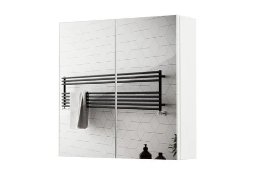 Mondeer Badezimmerspiegelschrank mit 2 Türen, 45 x 12.9 x 45 cm, Weiß - Stylischer Wandschrank für Ihr Badezimmer, optimal zur Aufbewahrung von Pflegeprodukten. Robuste Spanplatte und eleganter Spiegel sorgen für eine moderne Optik.