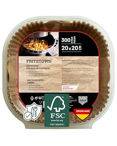 FRITZTOWN Backpapier für Heißluftfritteuse 4,5L-8L | Air Fryer Backpapier Pergamentpapier | 300 Blatt 20x20 cm Quadratisch | Kompatibel mit Ninja COSORI Philips Cecotec Midea Russell XL XXL Airfryer