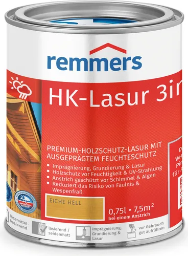 Remmers HK-Lasur 3in1 eiche hell (RC-365) 0,75 l - Premium Holzlasur für außen, bietet 3in1 Schutz: Imprägnierung, Grundierung und Lasur. Ideal für Zäune und Gartenhäuser, schützt vor Feuchtigkeit und UV-Strahlung.