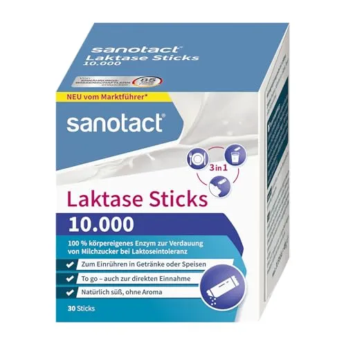 sanotact Laktase Sticks 10.000 – 30 Sticks für Laktoseintoleranz - Praktische 3-in-1 Anwendung: Flexibel einnehmbar auf der Zunge, in Getränken oder über Speisen. 30 hygienische Einzelportionen, ohne Wasser einnehmbar. Glutenfrei und laktosefrei – ideal für unterwegs und auf Reisen.