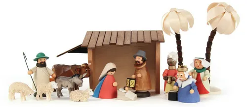 Farbenfrohe Weihnachtskrippe mit Stall aus dem Erzgebirge - Krippe aus handgefertigtem Holz, ideal für die festliche Weihnachtsdekoration. Enthält Figuren wie Maria und die Heiligen Drei Könige, perfekt für ein stimmungsvolles Krippenspiel.