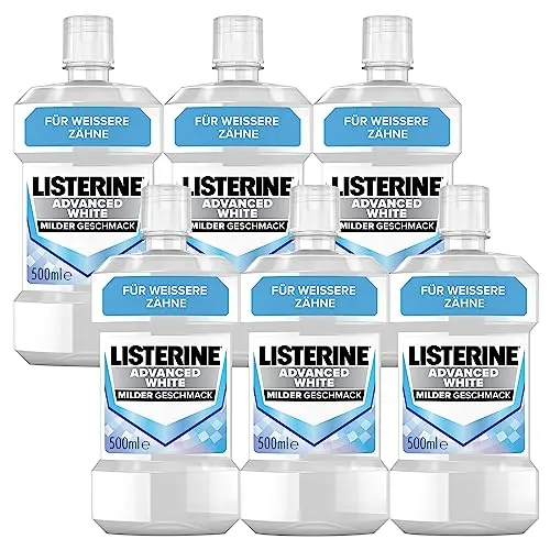 LISTERINE Advanced White mild (6 x 500 ml) - Mundspülung mit antibakterieller Wirkung, entfernt hartnäckige Zahnverfärbungen und sorgt für weißere Zähne in nur 1 Woche – schonend zur Zahnoberfläche dank nicht-abrasiver Whitening-Technologie.