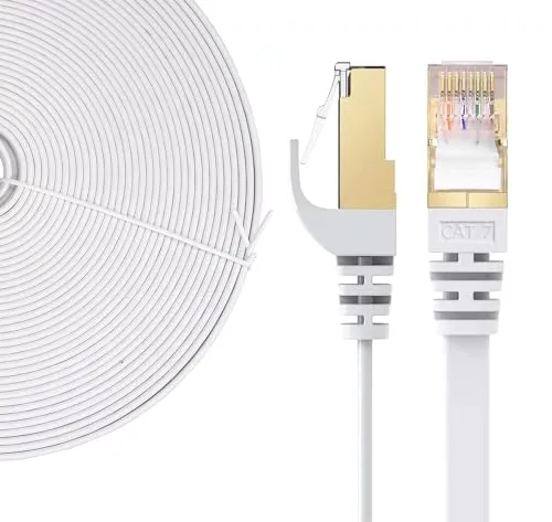 Elfcam® - 15m LAN Kabel Netzwerkkabel Cat 7 Ethernet Kabel mit Vergoldetem RJ45 Stecker Flach und Dünn, 100% Kupfer Starres Verlegekabel, STP, 32 AWG, Weiß (15m)