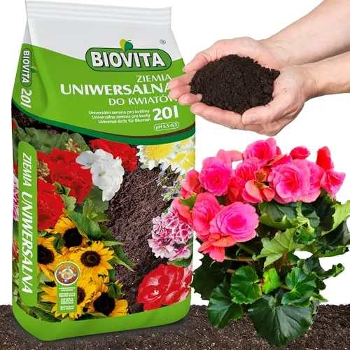 Biovita Universal Blumenerde 20 Liter mit Langzeitdünger - Universelle Blumenerde für Garten und Balkon. Mit integriertem Langzeitdünger für bis zu 4 Wochen optimale Nährstoffversorgung. Ideal für Zierpflanzen, Gemüse und Kräuter. Praktischer 20-Liter-Beutel für einfache Handhabung.