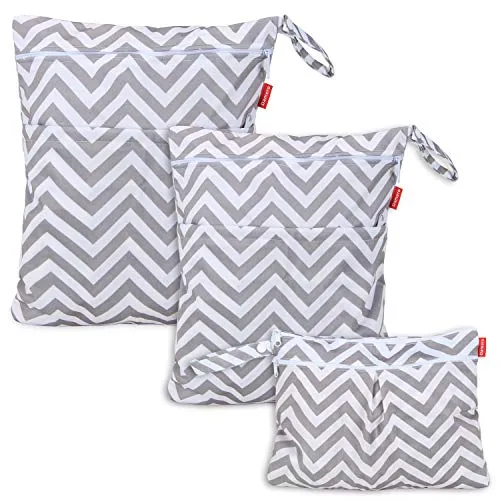 Damero Wetbag Stoffwindeln, Wickeltasche Baby Wiederverwendbar, 3 Stücke Nasstasche Stoffwindeln, Waschbar Organizer Beutel für Mädchen Jungen, Grauer Chevron
