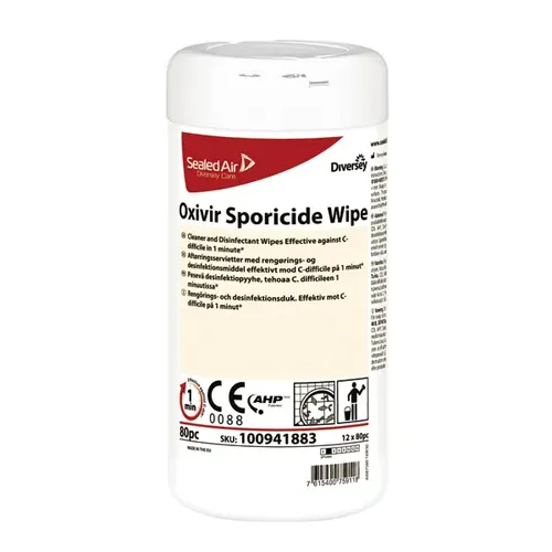 Diversey Oxivir Sporicide Wipes - vorgetränkte Desinfektionstücher - Desinfektionstücher für höchste Patientensicherheit, effektiv gegen Clostridium difficile und Bacillus subtilis, ideal für Hochrisikobereiche und medizinische Geräte.