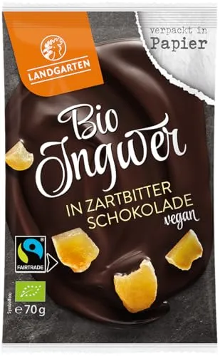 Landgarten Bio Ingwer in Zartbitter-Schokolade – 10x 70g | 100% Fairtrade – kandierte Ingwerstücke umhüllt von feinherber Zartbitterschokolade 62% Kakao – scharf-aromatischer Premium-Snack