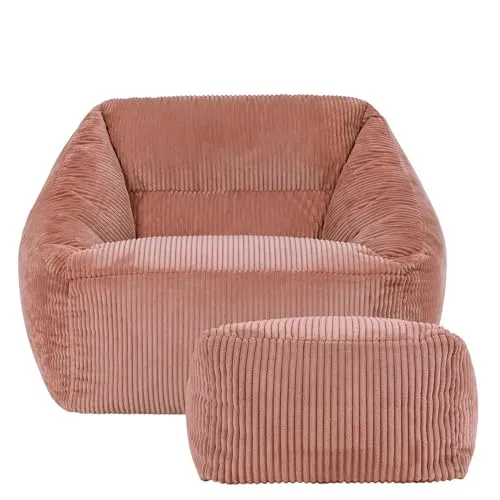 Icon Natalia Sitzsack Sessel mit Hocker für Erwachsene, Rosa - Sitzsäcke für Erwachsene mit flauschigem Cord-Stoff, stützender Sitzfläche und cleverem Design, ideal für gemütliche Stunden in Wohnzimmer, Lounge oder Büro.