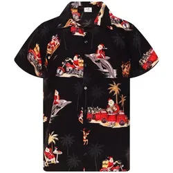 King Kameha Hawaiihemd Christmas Dolphin Santa Kurzarm Front-Tasche Unisex schwarz 5XL