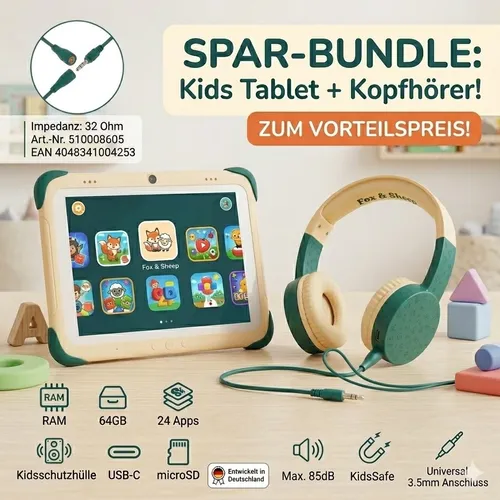 Fox & Sheep Kids Tablet »One« - Lerncomputer für Kinder, robustes 8-Zoll-Tablet mit 24 vorinstallierten Apps zum Spielen und Lernen, 64 GB Speicher und erweiterbar per Micro SD-Karte.