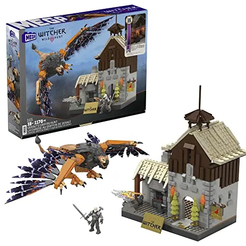 MEGA The Witcher - Geralts Greifjagd Bauset mit LED-Lichtern - Bauspielzeugset für Fans ab 16 Jahren mit leuchtendem Kamin und detailgetreuer Mikro-Aktionsfigur von Geralt, ideal für kreative Abenteuer aus The Witcher.