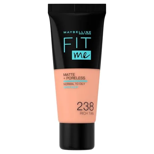 Maybelline New York Fit me! MATTE&PORELESS Make-up Nr. 238 Rich Tan, flüssiges Make-up, passt sich dem Hautton an, feuchtigkeitsspendend, mattierend, leichte bis mittlere Deckkraft, 30 ml