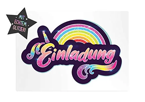 Friendly Fox Glitzer Regenbogen Einladung - 12 Regenbogen Einladungskarten zum Geburtstag Kinder Mädchen - Einladung Kindergeburtstag - Regenbogen-Party - Glitzer Karte