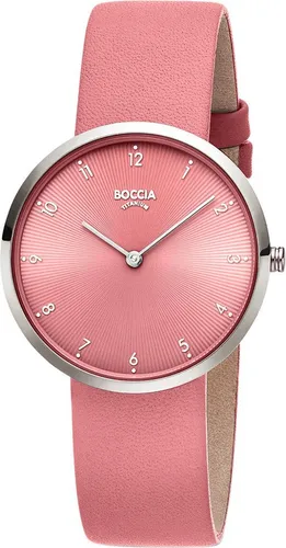 Boccia Damenarmbanduhr 3309-13 - Magenta/Magenta - Damenuhr aus Reintitan mit pinkem Lederarmband, 3 bar wasserdicht und hypoallergen – ideal für modebewusste Frauen, die Stil und Komfort schätzen.