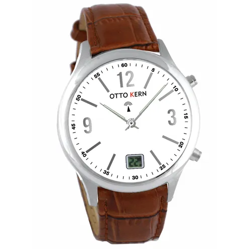 Otto Kern Funkuhr Design Funkarmbanduhr - Elegante Armbanduhr mit Funk-Quarzuhrwerk und braunem Lederarmband, bietet sowohl analoge als auch digitale Anzeige sowie Datumsfunktion.