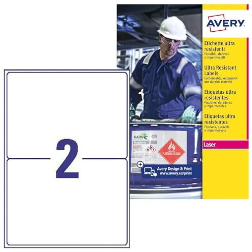 Avery B3655–50 A4 Ultra robuste Wasserdicht GHS Etiketten, bs5609 zertifiziert, für alle Drucker, 148 x 210 mm, weiß