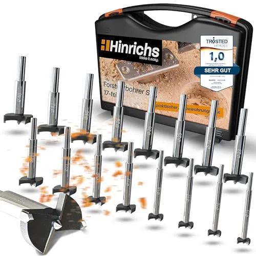 Hinrichs Forstnerbohrer 1498, 17-teiliges Holzbohrer-Set - Bohraufsätze für präzises Arbeiten in Holz, mit X-Wing-Design und Zentrierspitze für exakte Bohrungen. Inklusive stabilem Kunststoffkoffer zur übersichtlichen Aufbewahrung.