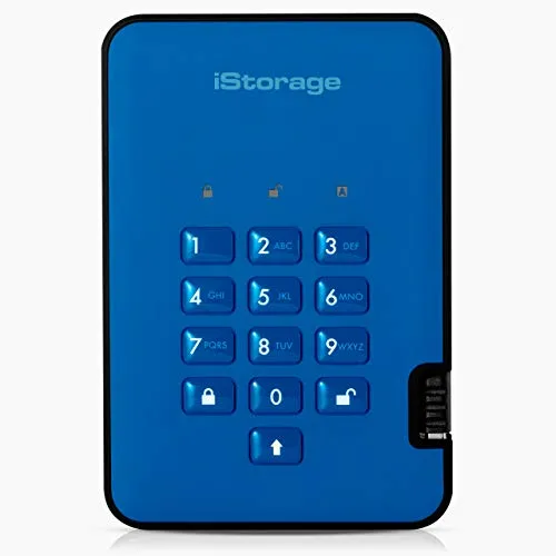 iStorage diskAshur2 HDD 2TB Blau - Tragbare Festplatte mit Hardware-Verschlüsselung - Externe Festplatte mit 256-Bit-AES-XTS-Hardwareverschlüsselung, staub- und wasserdicht (IP56), ideal zum Schutz persönlicher und Unternehmensdaten.