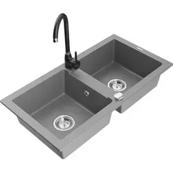 Mexen Mario Granitspüle 2-Becken mit Mischbatterie Telma, Grau - Elegante 2-Becken-Granitspüle in Grau mit praktischer Mischbatterie. Ideal für moderne Küchen, bietet Platz und Funktionalität für alle Kochbedürfnisse.
