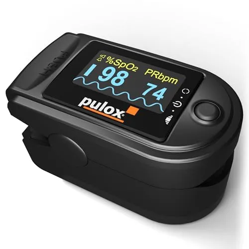 Pulsoximeter Pulox PO-200A Solo mit Alarm in Schwarz - Oximeter für präzise Messung von Puls, Sauerstoffsättigung und PI. Ideal für Heimanwendung und Sportler, mit intuitiver One-Touch Bedienung und Alarmfunktion.