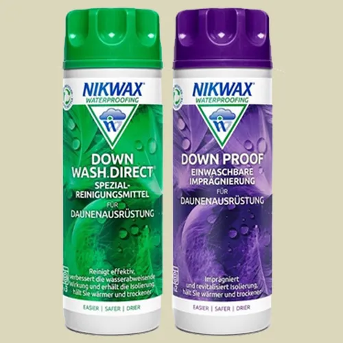 Nikwax Twin Down Wash Direct & Down Proof 2x300 ml - Sonstige Outdoor Schlafausrüstung: Pflege-Set für Daunenjacken und Schlafsäcke, reinigt und imprägniert effektiv für optimale Isolation und Atmungsaktivität.