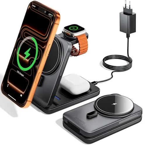 KPON Magsafe Ladestation für Apple Watch und iPhone, 3 in 1 Faltbares Magsafe Ladegerät Schnellladung Kompatibel mit iPhone 17-12, Apple Watch 11-2, AirPods, Reise & Büro, inkl. 20W Adapter