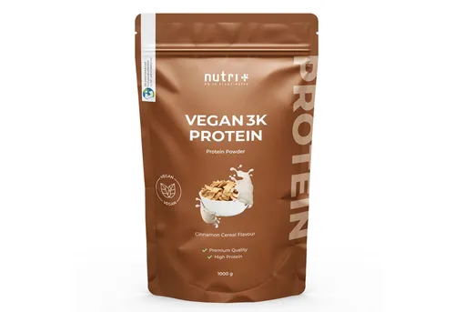 nutri+ Protein Pulver Vegan 3K - Pflanzliches Eiweiß - Proteine für Muskelaufbau: 100% pflanzlich, fett- und zuckerarm, ohne Laktose und Gentechnik. Ideal für Sportler und bei Unverträglichkeiten. Hochwertige Aminosäuren für optimale Performance.