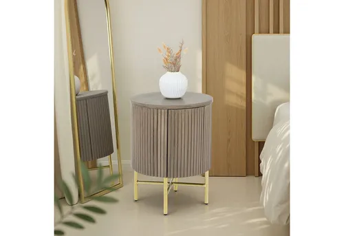 IDIMEX Nachttisch FLUTED aus Mangoholz in Grau - Eleganter Nachttisch FLUTED mit geriffelter Optik aus massivem Mangoholz. Praktischer Stauraum hinter der Tür und stabiles Metallgestell in Bronze – ideal für moderne Wohnkonzepte.