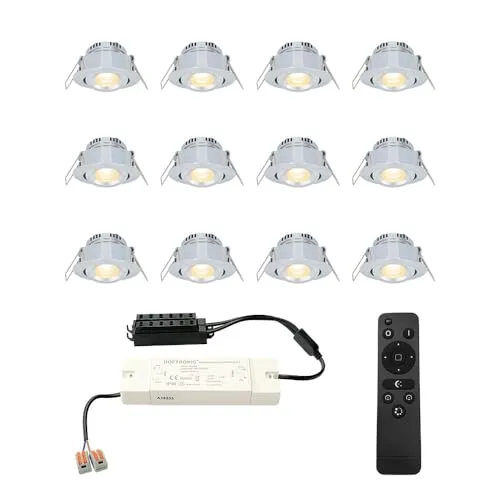 HOFTRONIC - Einbaustrahler Feuchtraum Badezimmer 12V Terrassenüberdachung IP44 Wasserdicht | 12x3W 200 Lumen Warmweiß lichtfarbe Dimmbar Schwenkbar Flach RF-Fernbedienung 3W Mini LED Einbaustrahler