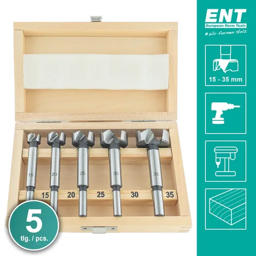 ENT Forstnerbohrer Set 25100, 5-teilig, für präzise Bohrungen - 5-teiliges Set mit Durchmessern von 15 bis 35 mm, ideal für saubere, maßhaltige Sacklöcher in Weichholz. Mit stabiler Aufbewahrung im Holzkasten und langlebigen Hartmetallschneiden.