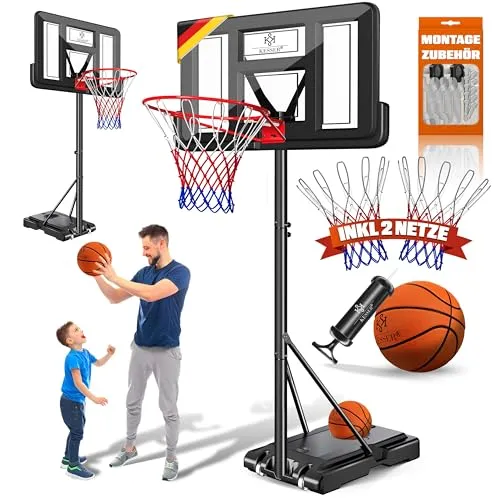 KESSER® Basketballkorb Premium mit Ständer - Höhenverstellbare Basketballanlage für Erwachsene und Kinder (230-305 cm), extrem stabil und mobil dank Vorderrädern, inkl. Basketball und Pumpe – ideal für Outdoor-Spaß!