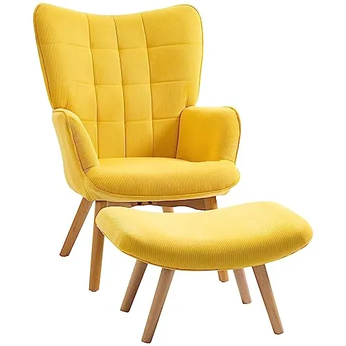 HOMCOM Ohrensessel mit Hocker, Gelb, Hohe Rückenlehne und Stilvolles Design - Ohrensessel mit Hocker in Cord-Optik, komfortabel und stilvoll. Ideal für entspannte Stunden im Wohnzimmer mit robustem Stahlrahmen und Holzbeinen.