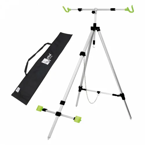 Brandungsdreibein Brandungsrutenhalter Teleskop Aluminium mit Tasche - Rutenauflagen aus robustem Aluminium, ideal für Angler, mit abnehmbaren Erdspieß und verstellbarer Höhe bis 1,80 m für optimale Stabilität am Strand.