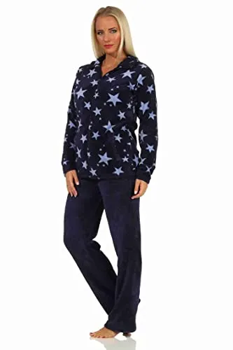 NORMANN-Wäschefabrik Damen Coralfleece Hausanzug mit Sternenmotiv - Marine, Größe: 36/38 - Kuscheliger Coralfleece-Hausanzug im Sterne-Look für kalte Tage. Ideal als Loungewear oder Freizeitanzug. Bequeme Passform und 100% Polyester sorgen für hohen Tragekomfort. Waschbar bei 40 Grad, nicht trocknergeeignet.