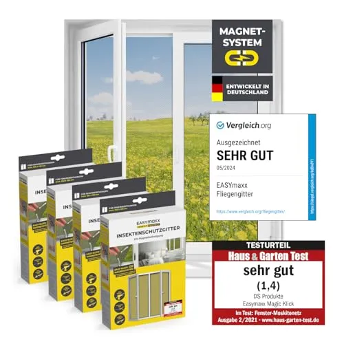 EASYmaxx Insektenschutz-Fensterrahmen Insect Protect - Fliegengitter, 4x zuschneidbare Moskitonetze mit einfacher Montage durch 12 Magneten für effektiven Insekten- und Pollenschutz.