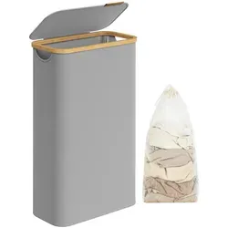 SONGMICS Wäschekorb mit Deckel 65 L - Grau - Wäschesammler mit herausnehmbarem Wäschesack, ideal für enge Nischen. Langlebiges Oxford-Gewebe und eleganter Bambusgriff sorgen für Funktionalität und Stil.