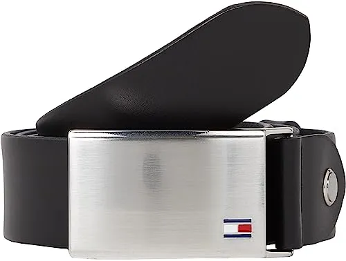 Tommy Hilfiger Herren Gürtel Plaque Belt - 3,5 cm Ledergürtel aus 100% Leder, Schwarz, 85 cm - Herren-Gürtel aus hochwertigem, geschmeidigem Echtleder mit praktischer Logo-Schnalle für individuelle Anpassung. Ideal für elegante Anlässe oder den Alltag.