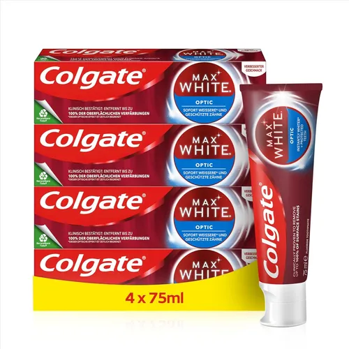 Colgate Zahnpasta Max White Optic Whitening entfernt Verfärbungen 4x 75 ml
