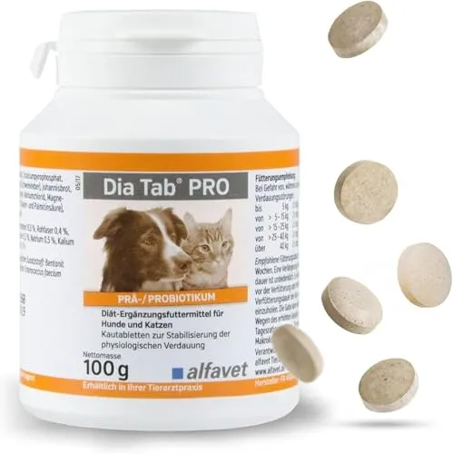 Alfavet Dia Tab PRO - Diät-Ergänzungsfuttermittel für Hunde, unterstützt die Darmgesundheit bei Verdauungsstörungen und stabilisiert die Verdauung